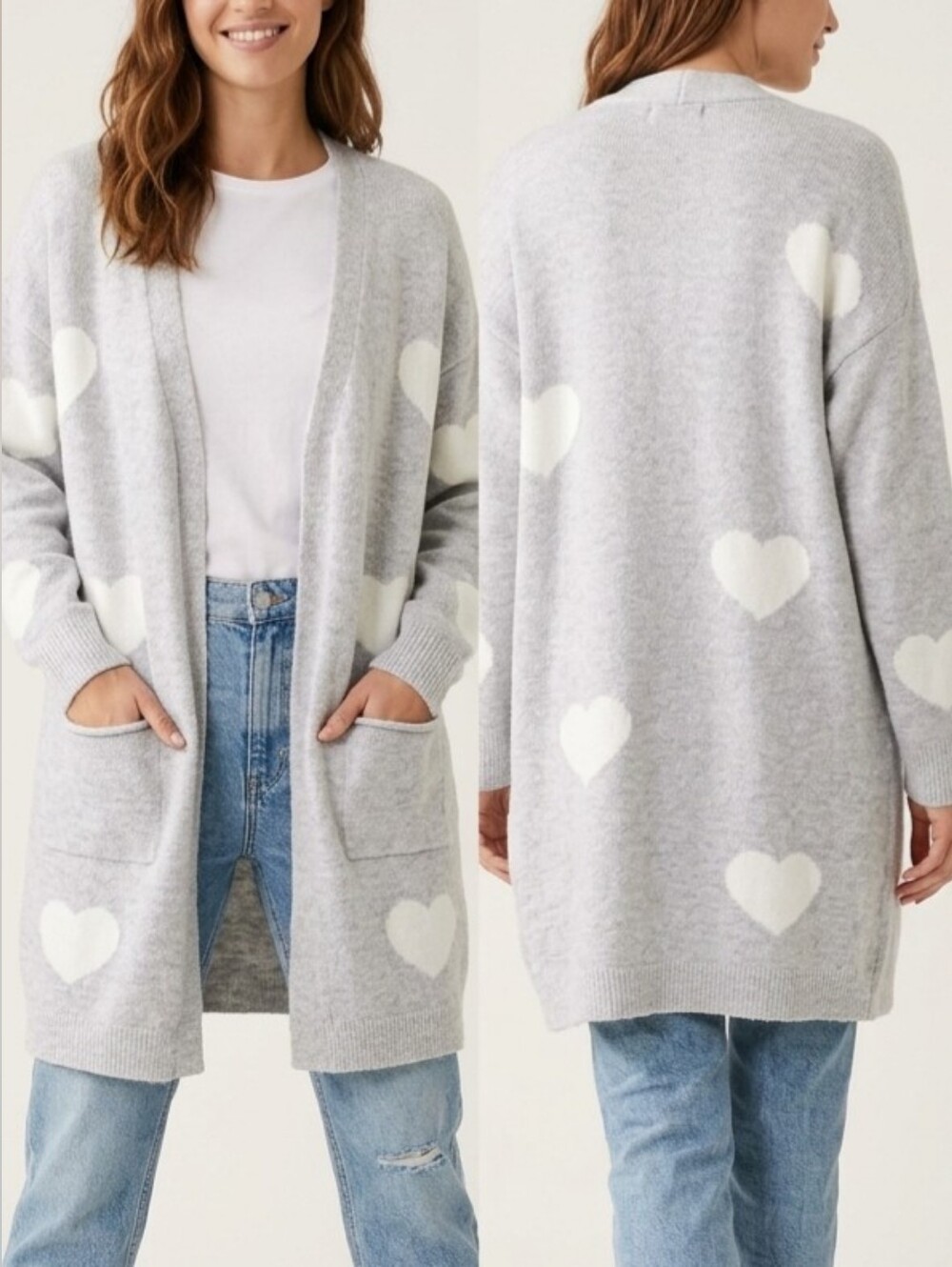 Autograph Cozy Grey/White Heart-Print OpenFront Long Cardigan Acrylic Blnd Large
